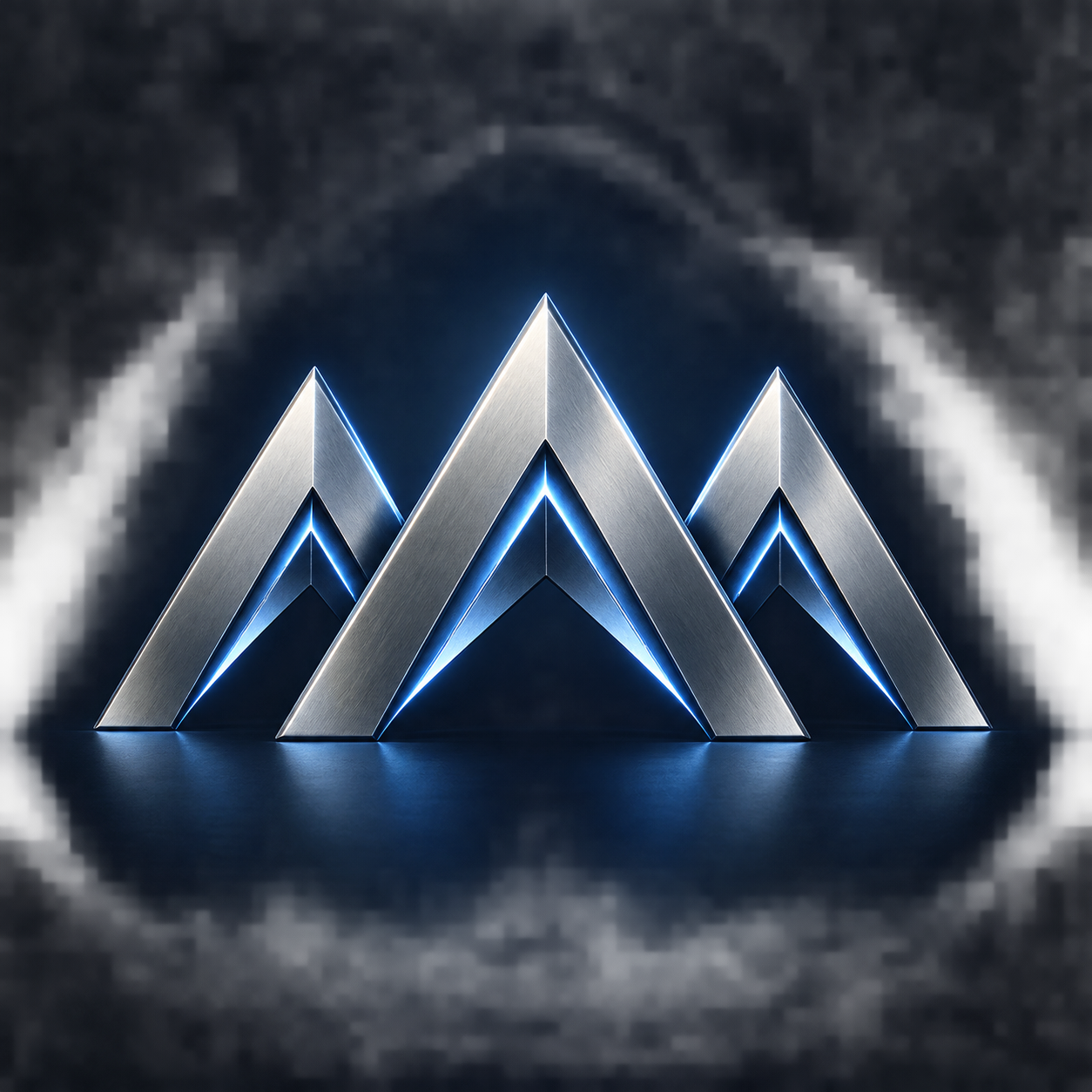 Three titanium arrow forms with blue illuminated edges, the American Applied AI emblem